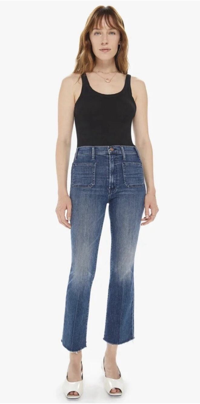 MOTHER The Hustler Patch Pocket Ankle Fray Jeans Size 32 Blue High Rise Flare